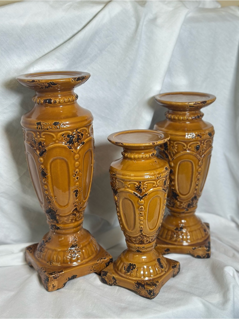 Vintage-Style Ceramic Pedestal Candle Holders - Ochre Brown (Set of 3) French C